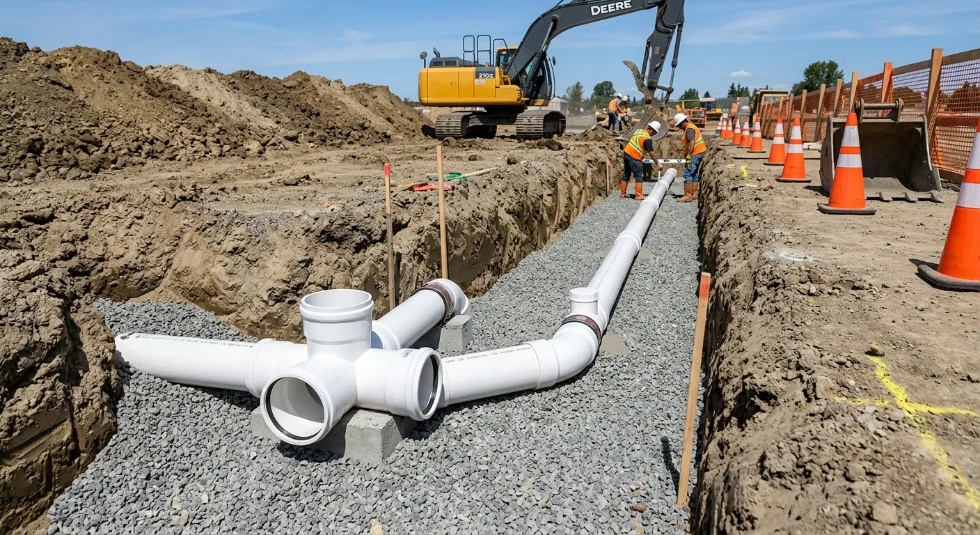 New PVC sewer pipe installation in open trench for Sewer Backup in Manchester